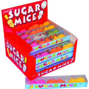 3 sugar mice in cello gift box in counter display