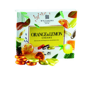 Whitakers foiled dark chocolate orange and lemon creams in carton